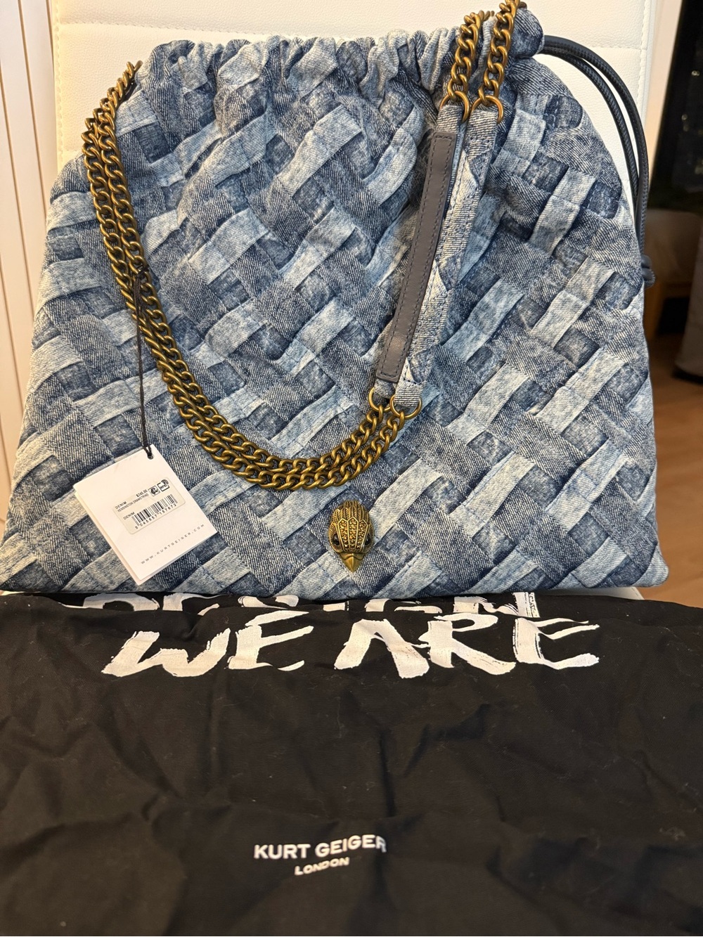 Kurt Geiger Kensington Drawstring Denim Shoulder Bag with Gold Chain